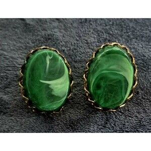 Vtg Faux Malachite Acrylic Clip Earrings Gold Tone Scalloped Edge  1 Inch